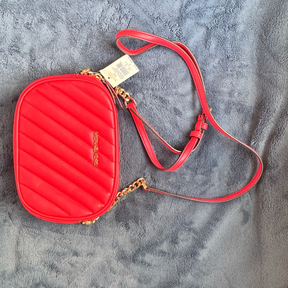 Michael Kors Red Rose Quilted Small Oval Crossbody Bag with Gold Accents